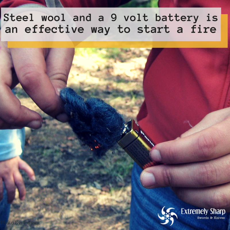 Steel Wool and a 9 Volt Battery is a Simple Way to start a fire.
